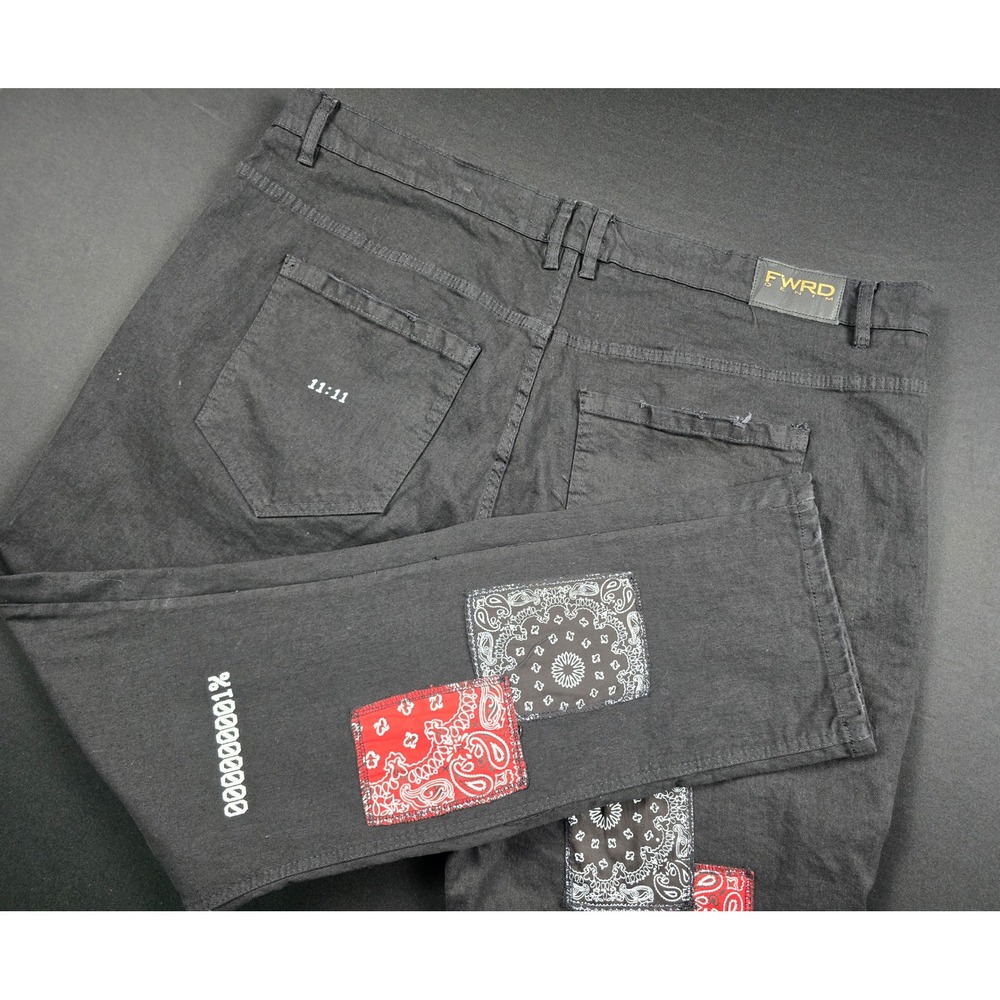 FWRD Denim Mens Black Bandana Patchwork Distressed Streetwear Jeans 46x33